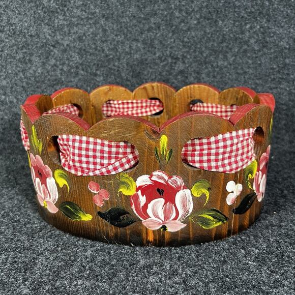 Vintage Wooden Hand Painted Basket Cottagecore Flower Decor Ribbon - Picture 7 of 7